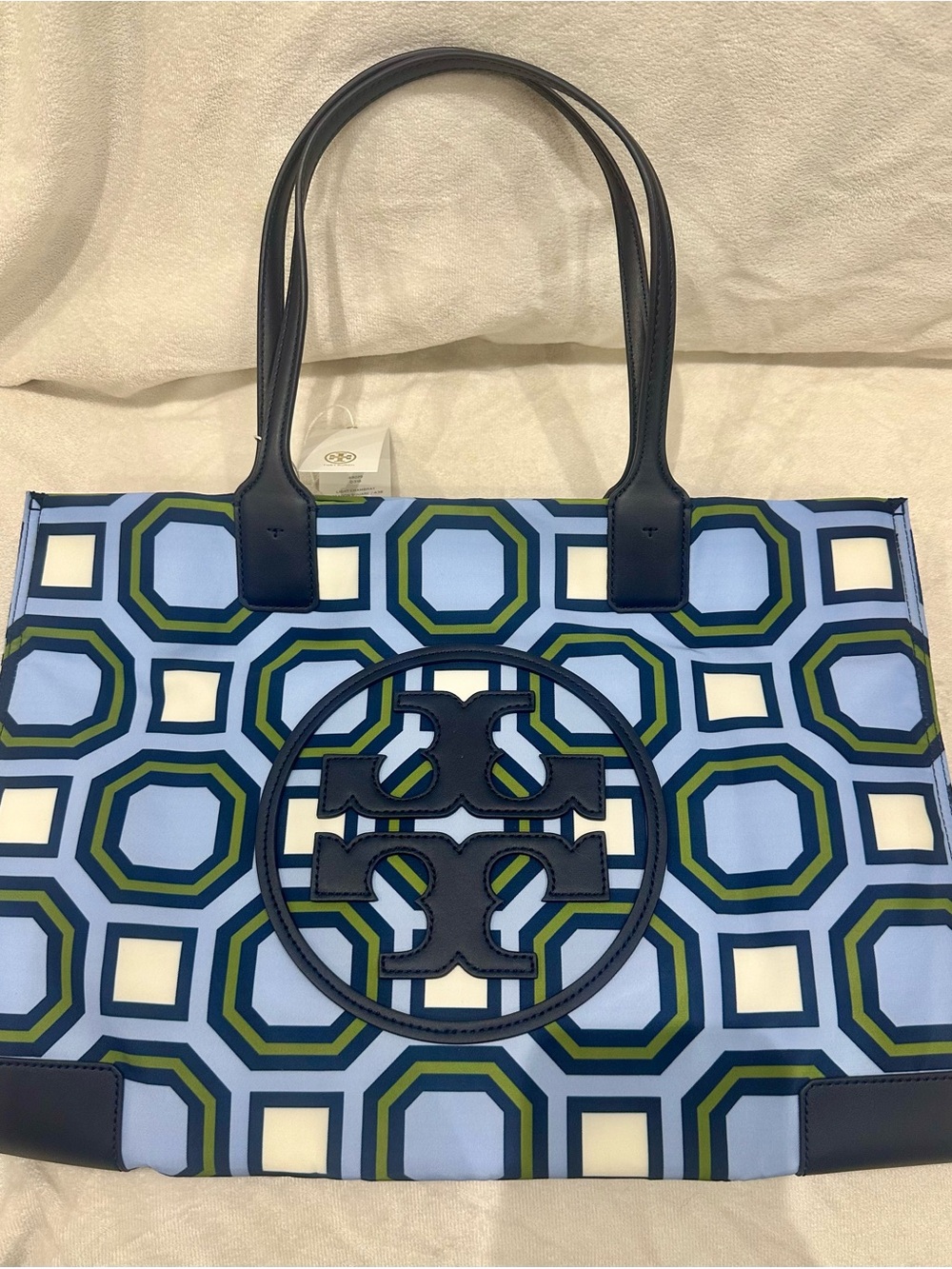 NWT Tory Burch Ella Blue Geometric Logo Tote Bag